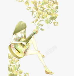 树下弹吉他的女孩素材
