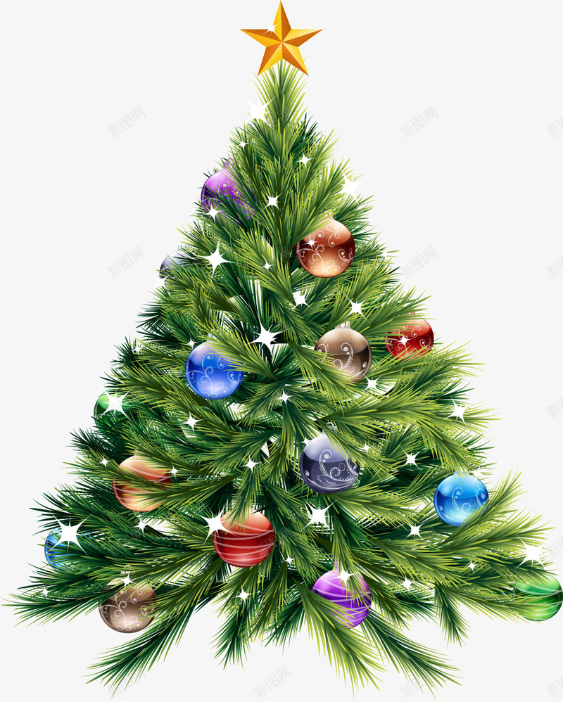 圣诞节绿色圣诞树png免抠素材_新图网 https://ixintu.com 吊球装饰 圣诞节大树 多彩圣诞球 白色闪光 绿色圣诞树 黄色星星