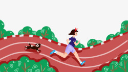 狗奔跑卡通手绘晨跑运动的女孩高清图片