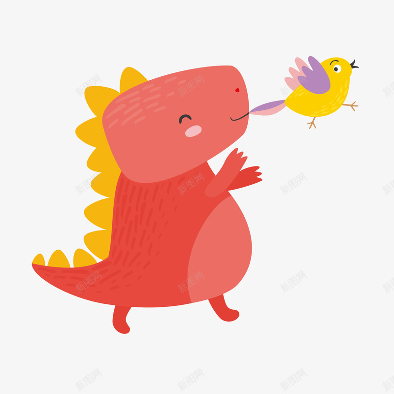 和小鸟嬉戏的恐龙矢量图eps免抠素材_新图网 https://ixintu.com 卡通 卡通可爱 卡通的 可爱的 可爱的恐龙 恐龙 矢量的 红色 矢量图