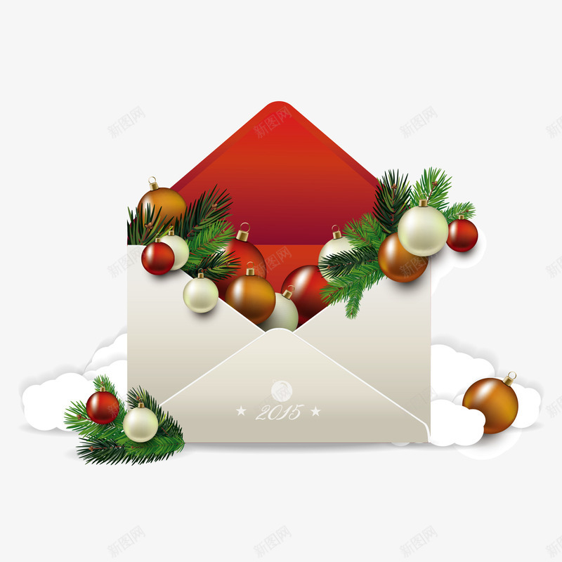 圣诞贺卡礼物信封png免抠素材_新图网 https://ixintu.com 信封 吊球 圣诞节 松枝 礼物