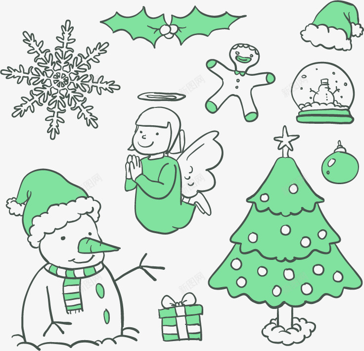 绿色系圣诞节元素png免抠素材_新图网 https://ixintu.com 免抠png素材 免费png素材 可爱雪人 叶子 圣诞树 小天使 雪花 饼干人