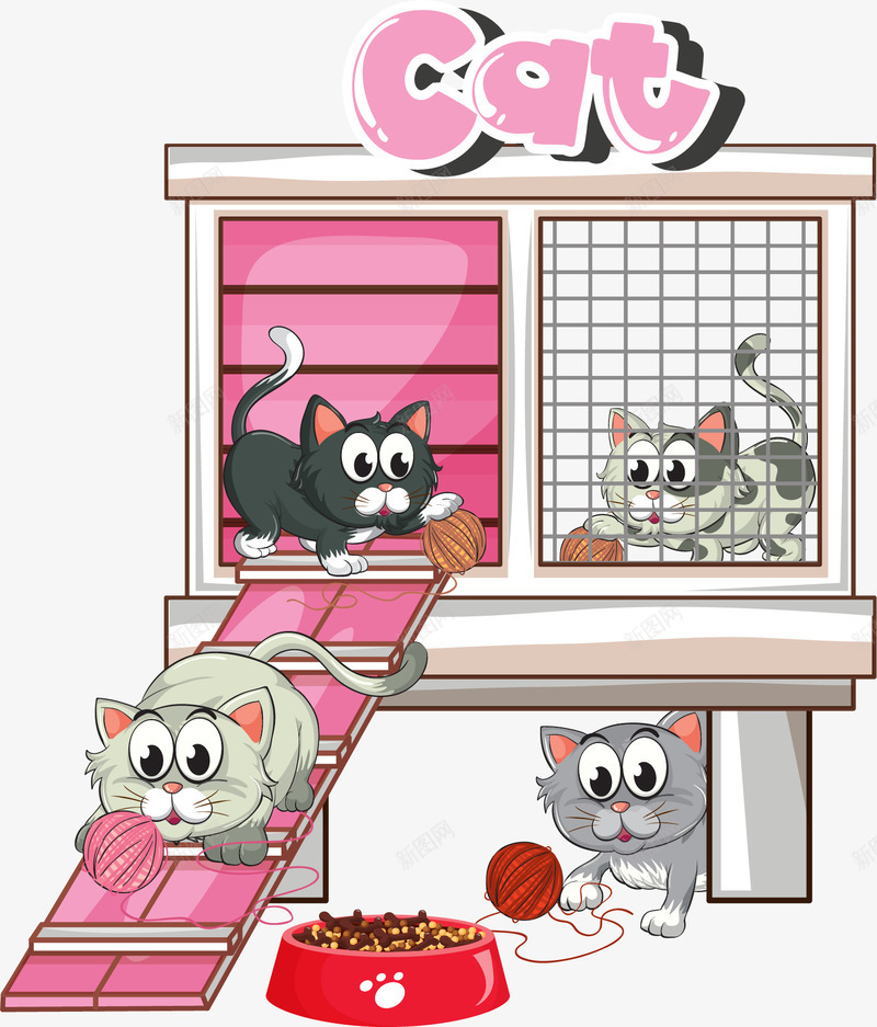 粉色可爱的猫窝png免抠素材_新图网 https://ixintu.com 可爱猫窝 猫咪宠物店 玩毛线球 矢量素材 粉色猫窝