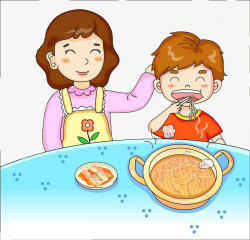宝宝吃饭水彩插画插图妈妈喂宝宝吃面高清图片