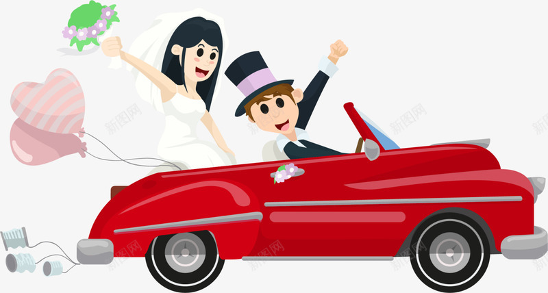 开着婚车的新郎新娘png免抠素材_新图网 https://ixintu.com 声音 婚礼 开着婚车 拖着易拉罐 新郎新娘 红色婚车 结婚