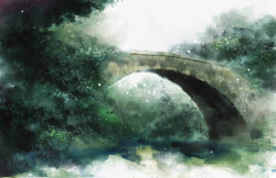 水彩桥梁唯美古风手绘插画高清图片