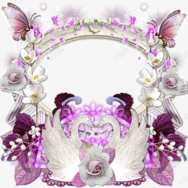 白紫色天鹅蝴蝶花朵对称装饰png免抠素材_新图网 https://ixintu.com 卡通手绘 对称装饰 白天鹅 结婚素材 花卉 蝴蝶结
