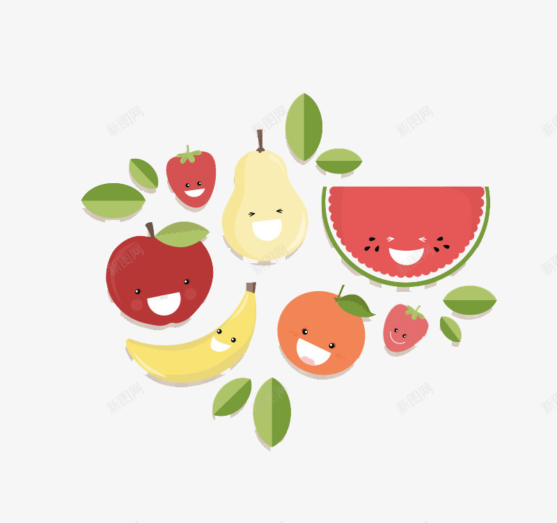 可爱水果表情png免抠素材_新图网 https://ixintu.com 草莓苹果西瓜橙子梨香蕉叶子开心
