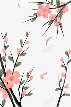 裸粉色画面中国风水彩风景桃花插画背景高清图片