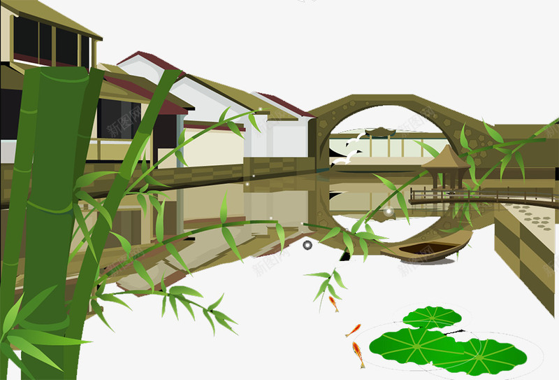 荷叶png免抠素材_新图网 https://ixintu.com 桥 池塘 绿色 荷叶 风景