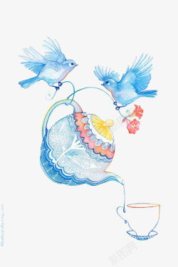 手绘水壶矢量图抽象插画蓝色小鸟高清图片
