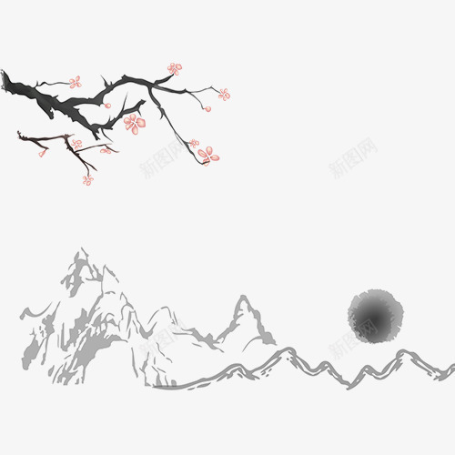 梅花远山png免抠素材_新图网 https://ixintu.com 中国风 典雅 小清新 山脉 山脉纹理 梅花三弄 水墨画 装饰画