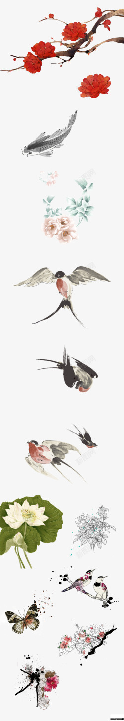 红色花朵花枝中国风鲤鱼喜鹊蝴蝶素材