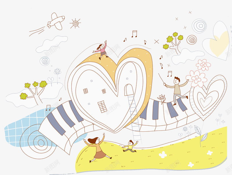 站在钢琴键上的人png免抠素材_新图网 https://ixintu.com 卡通手绘 女孩 树叶 爱心 男孩 金福 钢琴键 音符