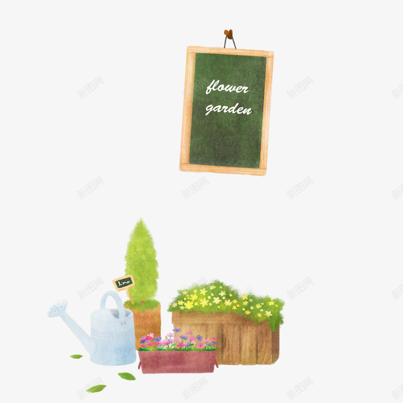 卡通手绘鲜花png免抠素材_新图网 https://ixintu.com 展示 新鲜 水壶 盆栽 种植 绿色 绿色植物 鲜花 黑板