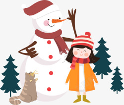 手绘圣诞节雪人和小女孩装饰矢量图素材