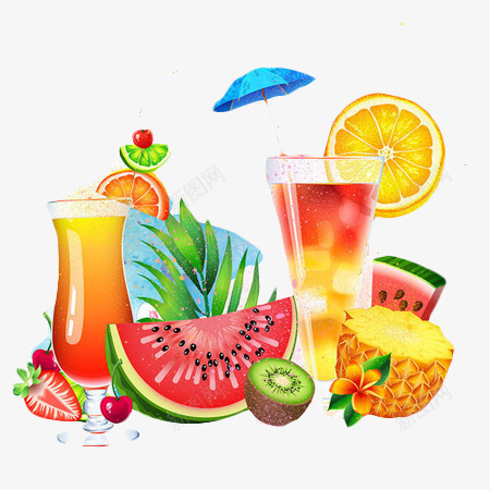 多种果汁混合png免抠素材_新图网 https://ixintu.com 各种水果 果汁插画 菠萝 西瓜