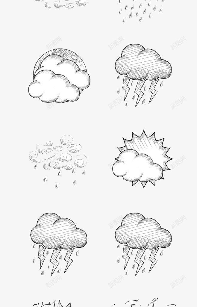 手绘天气预报png免抠素材_新图网 https://ixintu.com 云 云雨 天气预报 太阳 手绘 晴天 线条 雨天 雪天 雷雨 风雨气温图