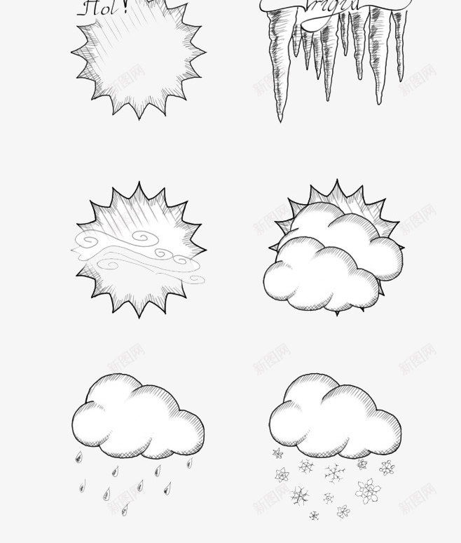 手绘天气预报png免抠素材_新图网 https://ixintu.com 云 云雨 天气预报 太阳 手绘 晴天 线条 雨天 雪天 雷雨 风雨气温图