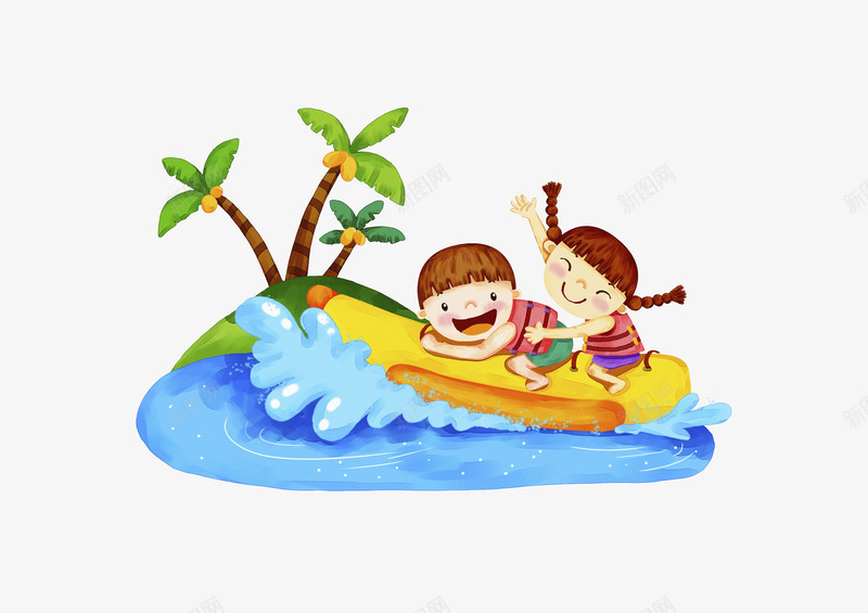 冲浪的人png免抠素材_新图网 https://ixintu.com 刺激的 可爱的 场景 手绘 椰子树 海滩 皮划艇