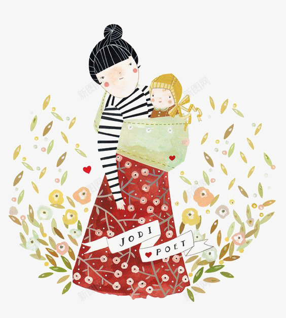抱着孩子的妈妈png免抠素材_新图网 https://ixintu.com 卡通 婴儿 小孩 手绘 插画 文艺 植物 母亲