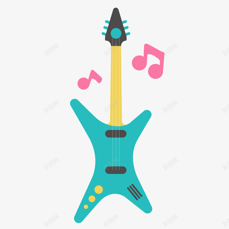 卡通绿色电吉他png免抠素材_新图网 https://ixintu.com 卡通乐器 粉色音符 绿色乐器 绿色电吉他 背景装饰