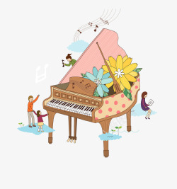 钢琴培训展板卡通手绘鲜花和钢琴高清图片