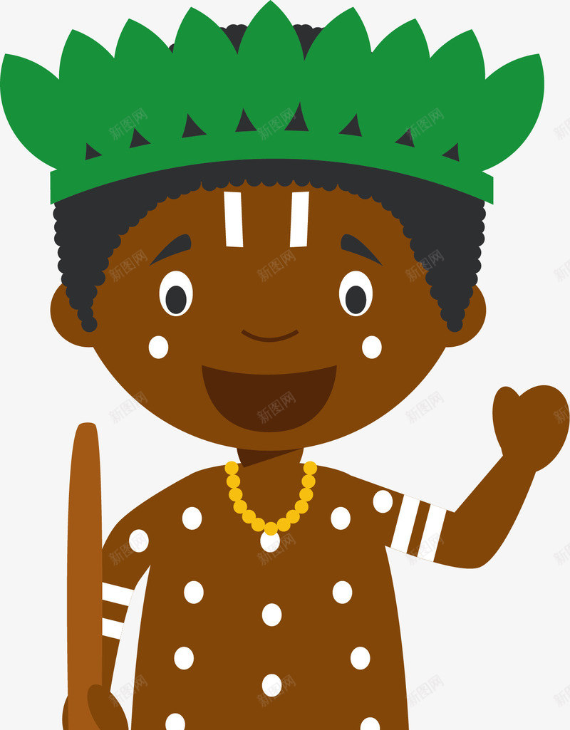 印第安男孩png免抠素材_新图网 https://ixintu.com 微笑 手绘 挥手 白色条纹 绿色羽毛 非洲男孩