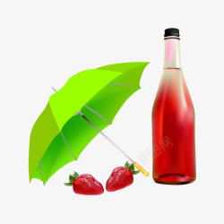 手绘红色草莓红酒绿伞素材