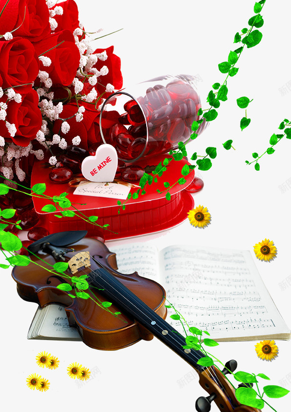 小提琴png免抠素材_新图网 https://ixintu.com 乐器 浪漫 玫瑰花 绿叶 音乐 音符 音符素材 韵律