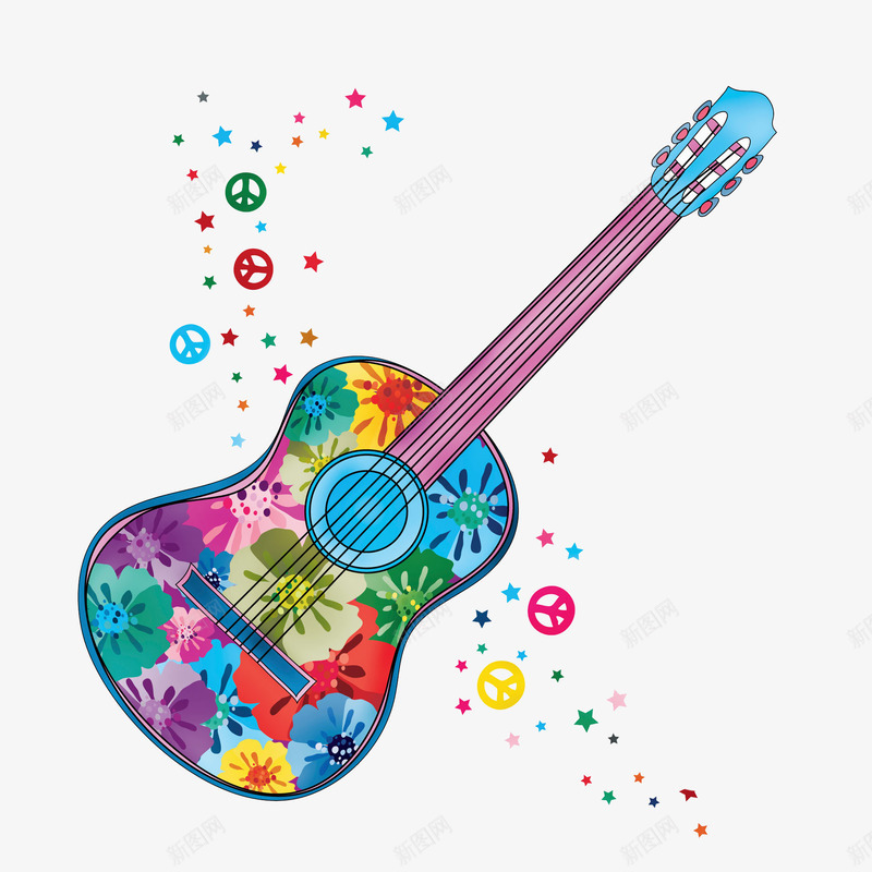 一把吉他png免抠素材_新图网 https://ixintu.com 乐器 五角星 卡通 吉他 彩绘 彩色的 手绘 插图 新图网