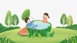 西瓜浴卡通手绘草地上玩耍的孩子高清图片