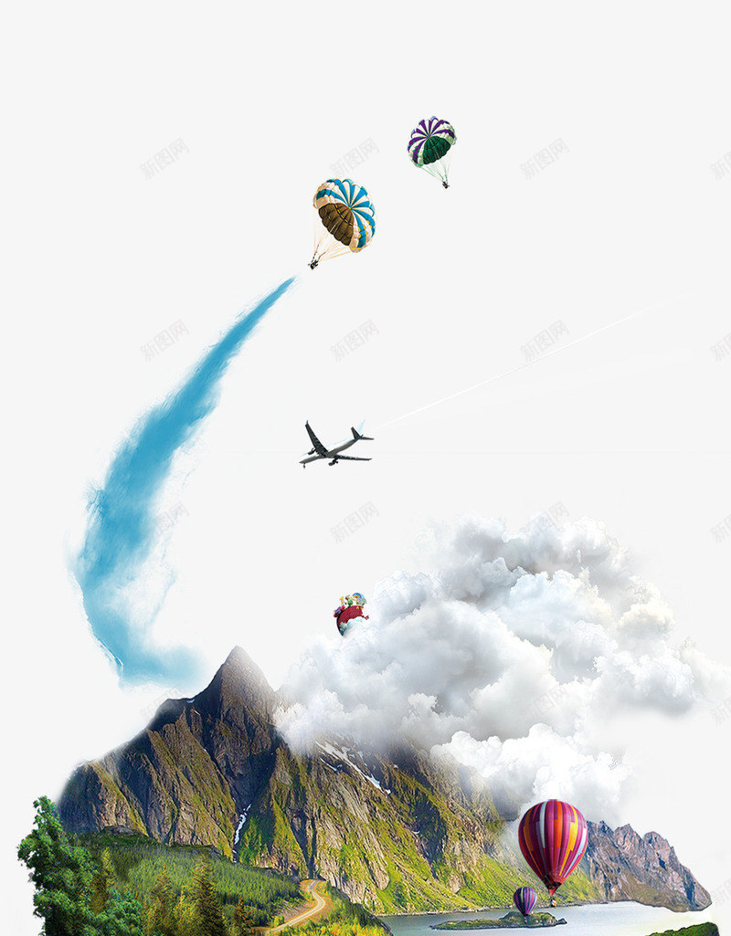 野外风景psd免抠素材_新图网 https://ixintu.com 云朵 喷雾 热气球 飞机