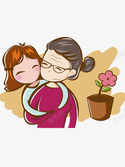 奶奶与孙女png免抠素材_新图网 https://ixintu.com 棕色 盆栽 红色 花朵