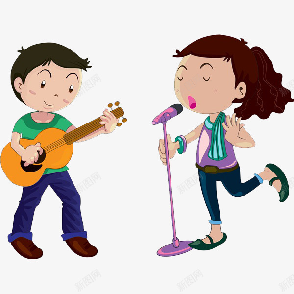 唱歌的孩子png免抠素材_新图网 https://ixintu.com 卡通 吉他 唱歌的 女孩 帅气的 漂亮的 简笔