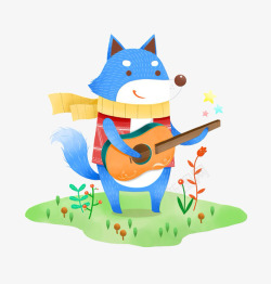 蓝色背吉他的狐狸素材