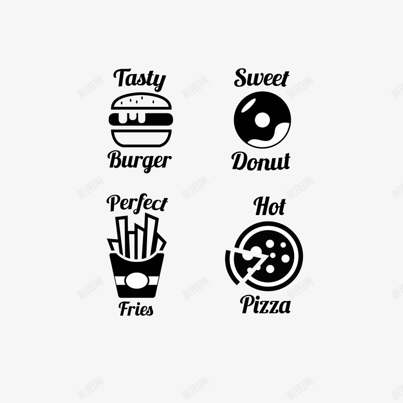 黑色西式简餐图标矢量图ai_新图网 https://ixintu.com 匹萨 汉堡包 甜甜圈 简餐 薯条 西式 西式简餐 食品图标 黑色 矢量图
