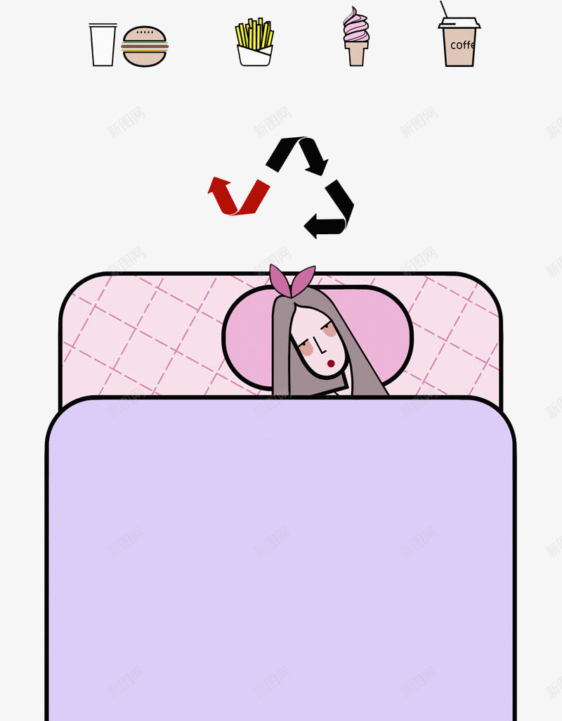 卡通熟睡的小女孩png免抠素材_新图网 https://ixintu.com 女孩 熟睡 睡觉 紫色被子 美食 零食 食物