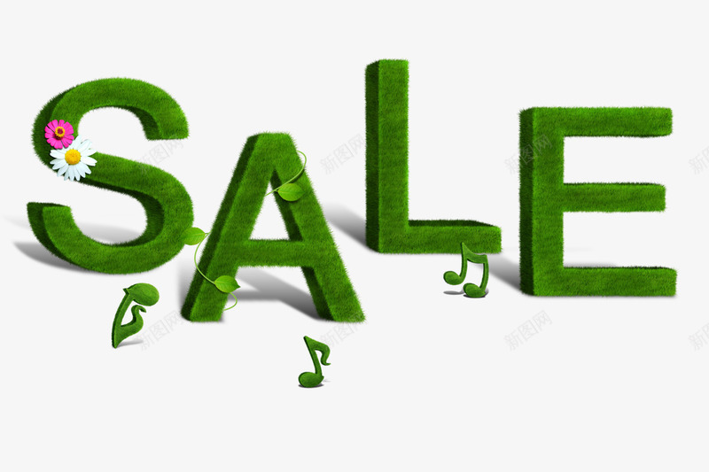 绿色sale字体png免抠素材_新图网 https://ixintu.com 促销 漂浮的音符 白色小花 红色小花 绿色音符 销售