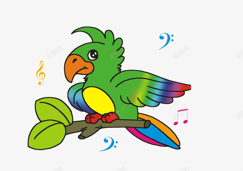 树枝上的七色鸟png免抠素材_新图网 https://ixintu.com 七色鸟儿 唱歌 树枝 绿叶 音符
