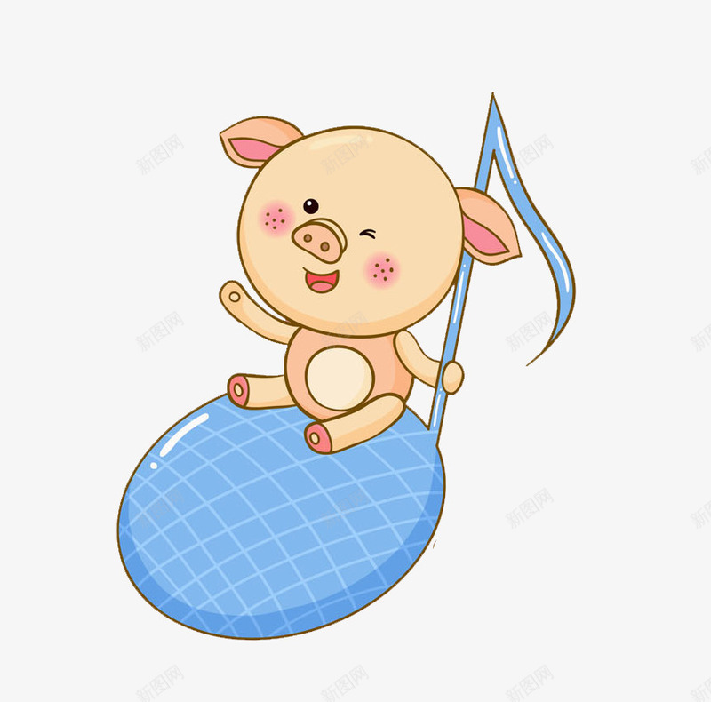 音符上的小猪png免抠素材_新图网 https://ixintu.com 卡通 可爱的 小猪 插图 蓝色的 音符 高兴地