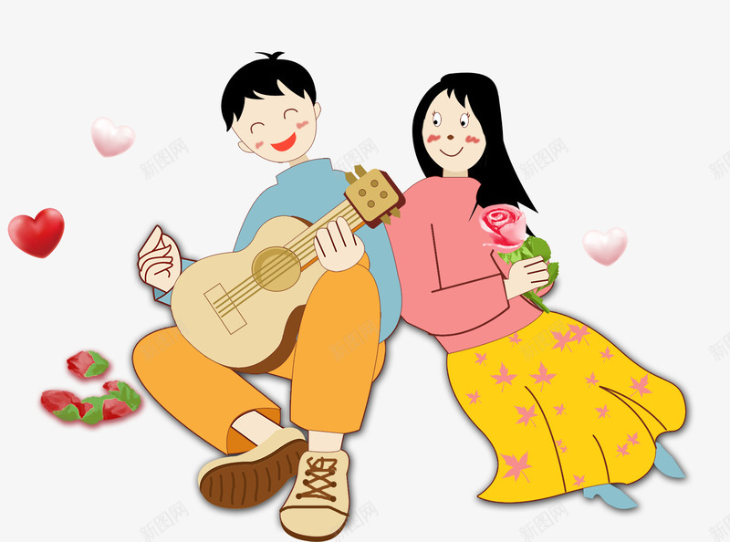 卡通坐在一起的情侣psd免抠素材_新图网 https://ixintu.com 卡通 坐在一起的情侣 坐在花朵上的美少女 弹吉他的男人 浪漫 爱心装饰 花朵
