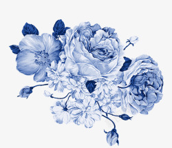 手绘青色折扇青花瓷古典花纹高清图片