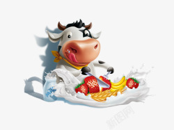 草莓奶牛喷洒背景小牛吃水果高清图片