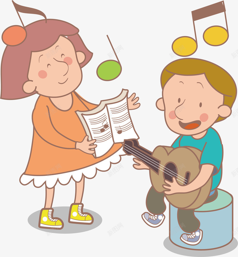 弹吉他的男孩png免抠素材_新图网 https://ixintu.com 卡通 吉他 女孩 手绘 男孩 音符