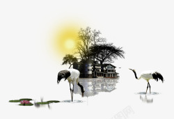 松树免扣PNG图中国风水墨觅食的白鹤高清图片