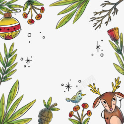 彩绘圣诞驯鹿和树枝边框素材