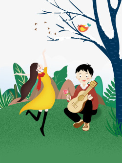 卡通树下跳舞弹吉他的情侣素材