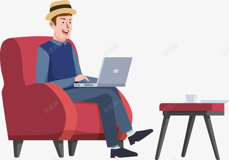 坐在沙发上办公的男人矢量图eps免抠素材_新图网 https://ixintu.com 休闲办公 办公 坐沙发 矢量素材 红色沙发 矢量图