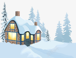卡通画松树雪景房屋图高清图片